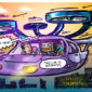 cartoon of a purple flying car over city skyline