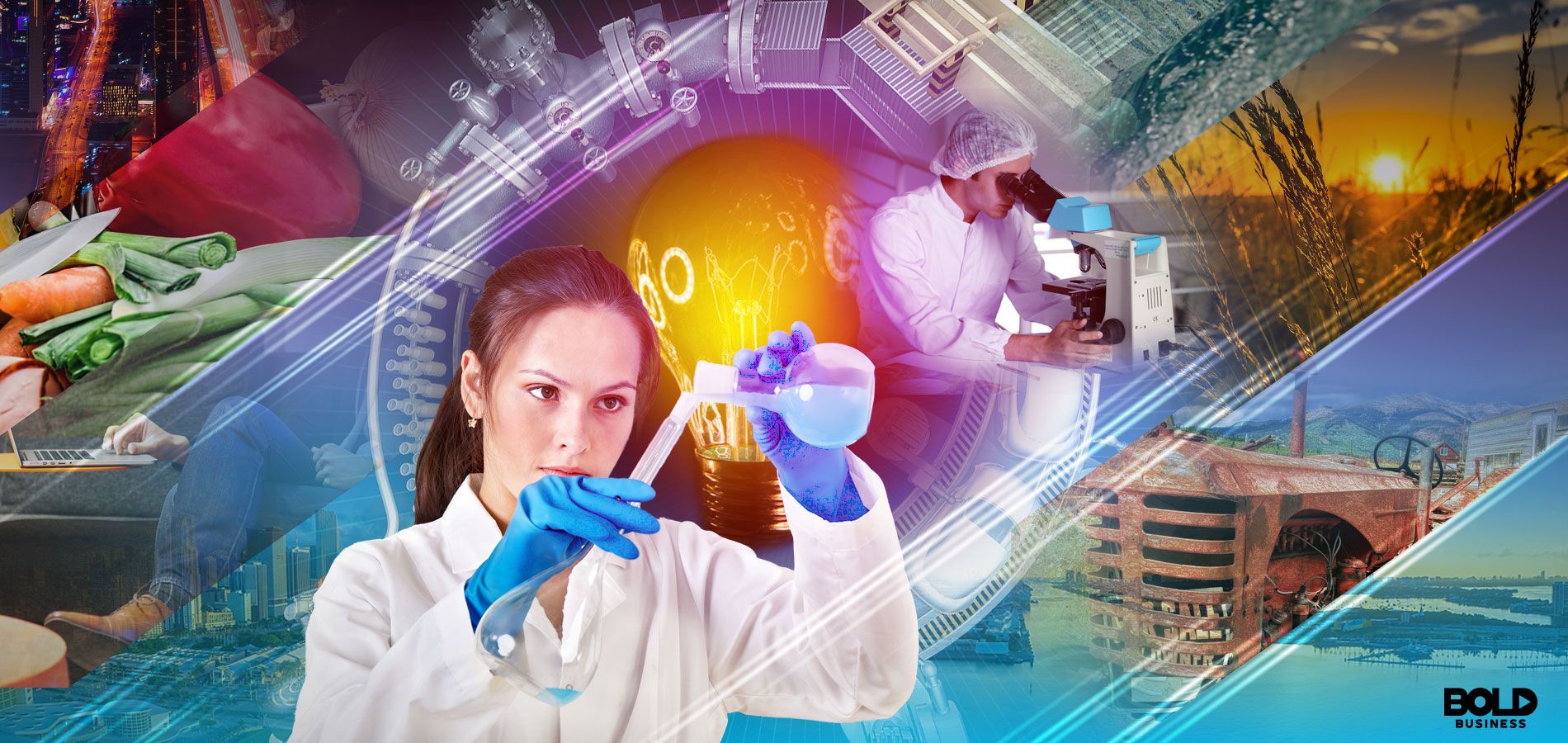 Combination of photos representing chemical industry and two scientists working in lab