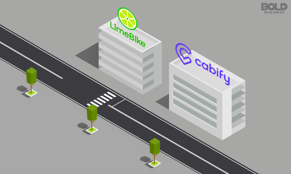 multi-modal transportation strategy gif of uber and lyft cars and limebike and cabify buildings