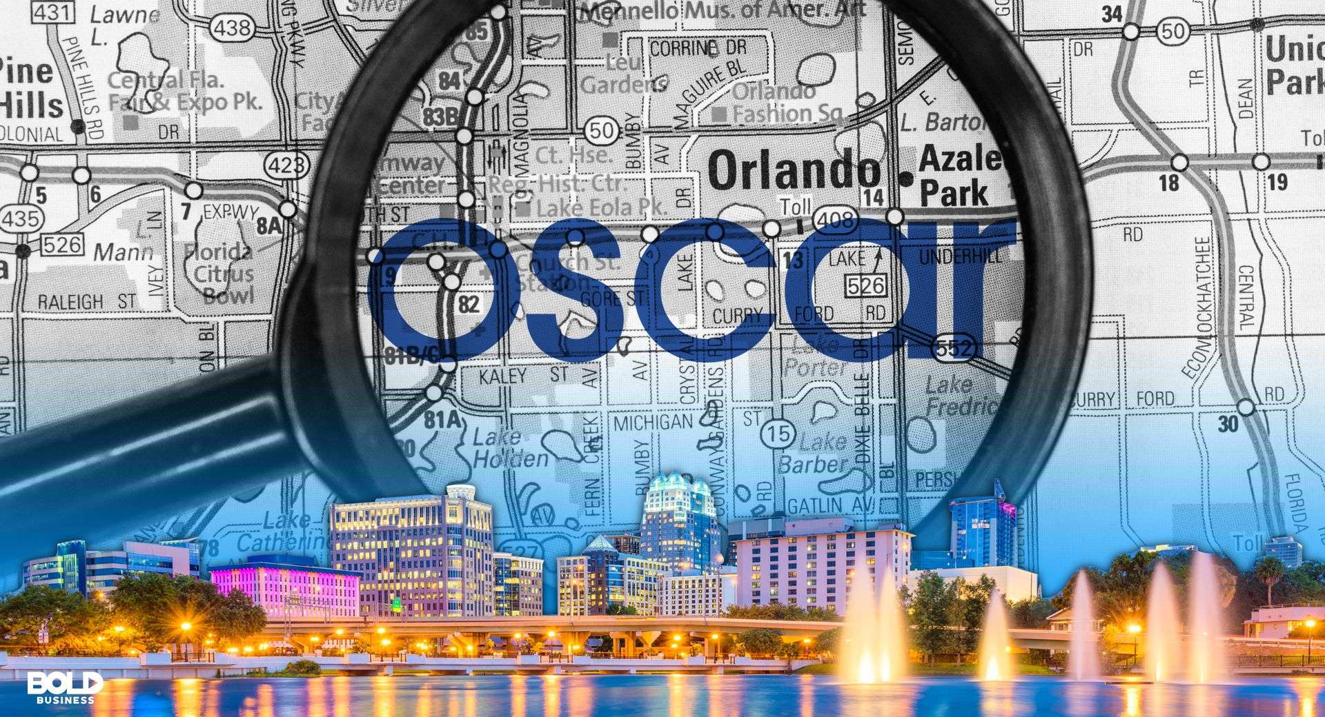city scape under the map of orlando and the name oscar