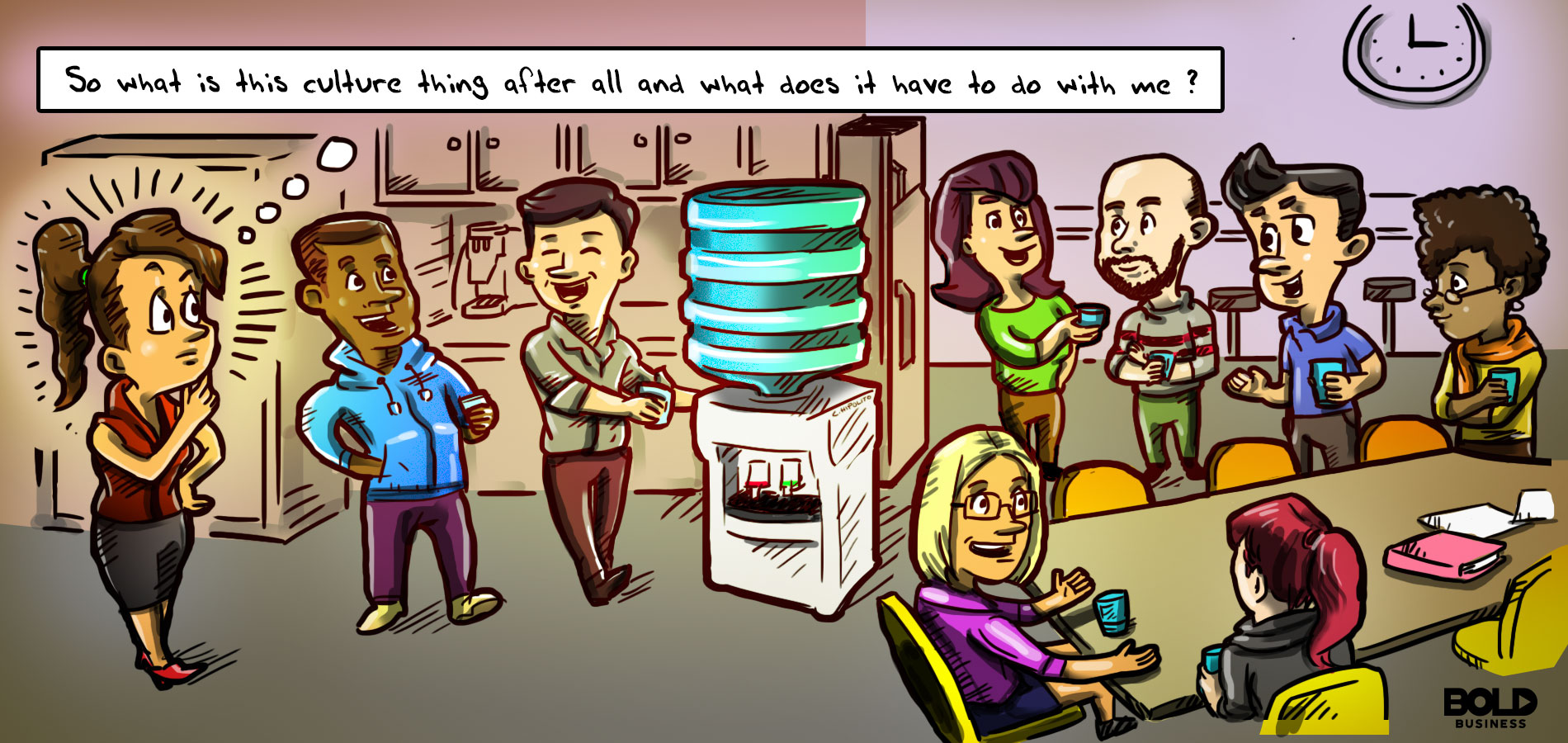 A Great Company Culture Impacts Employee & Company Success Cartoon cartoon of eight employees lounging in an office rest area while talking about their great company culture while another employee looks at them in wonder and thinks about the question, "So what is this culture thing after all and what does it have to do with me?"