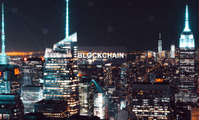 Blockchain in night cityscape