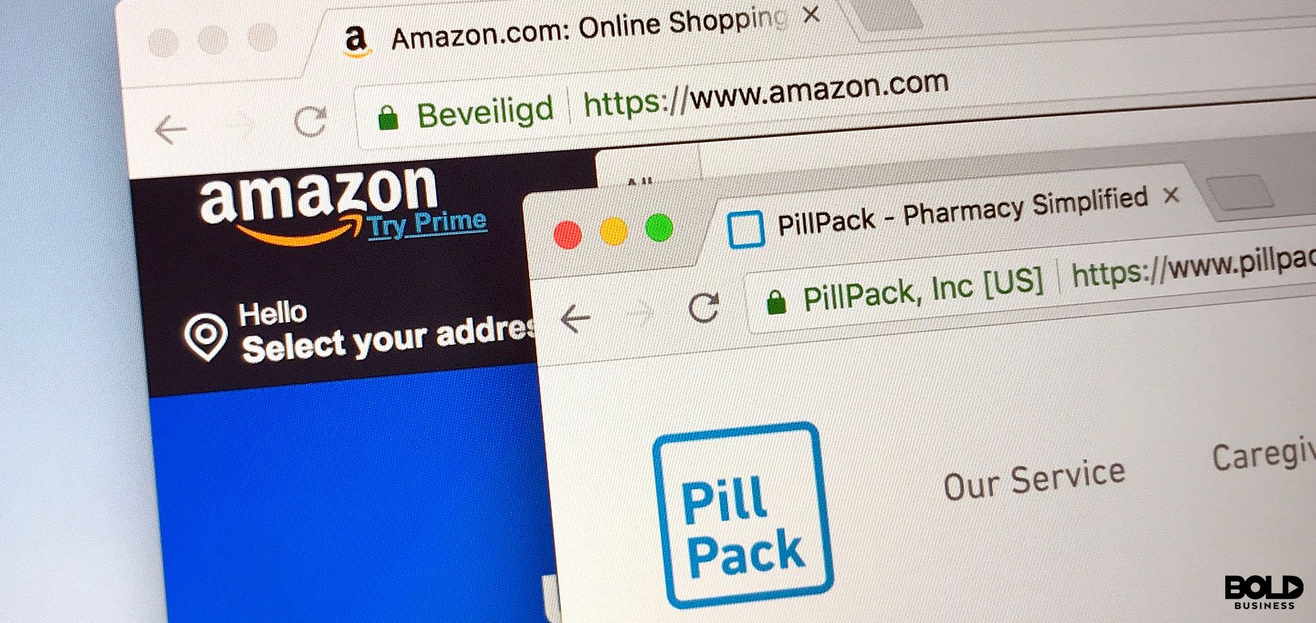 PillPack Amazon logo pointing to prescription list and hand full of pills