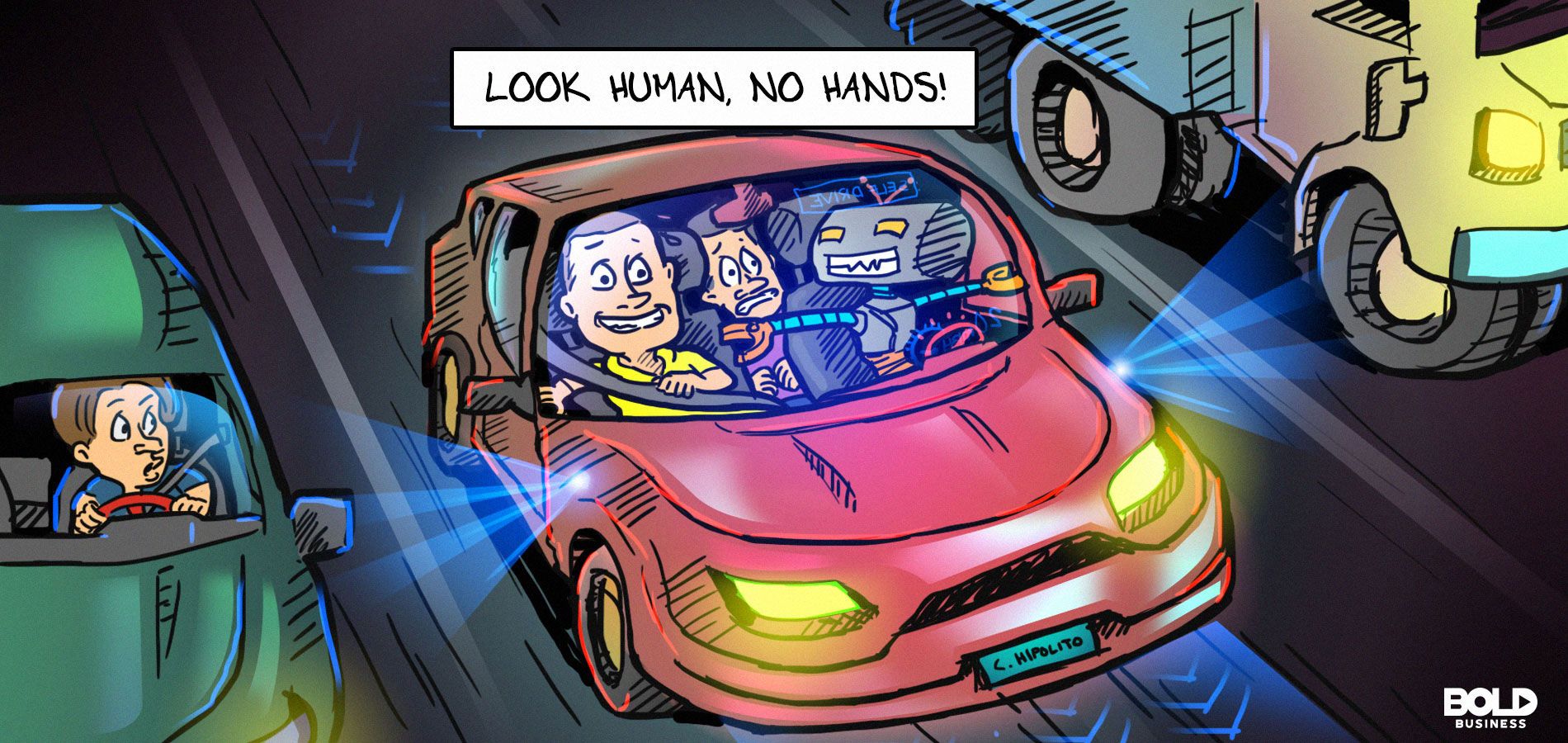 cartoon of a robot in the driver's seat of a self-driving car with two human passengers