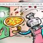 cartoon of a zume robot pizza making a pizza as a waitress beside it cheers it on