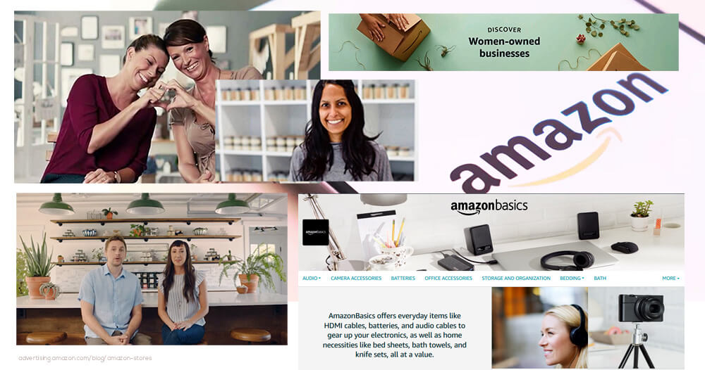 a photo collage of Amazon Storefronts clients and products