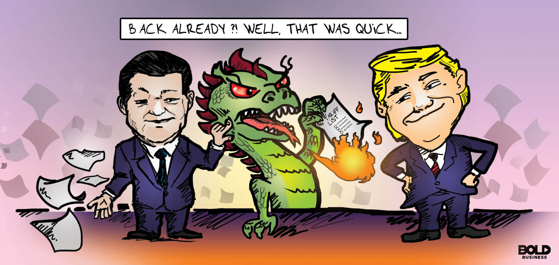 cartoon of a dragon burning a paper containing the tariff list while standing between Xi Jinping and Donald Trump, depcting the fact that the China oil import from the U.S. resumed after the tax policy change