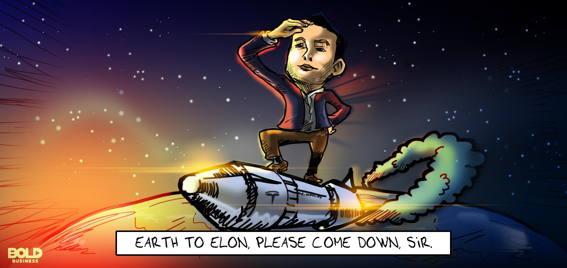 cartoon of Elon Musk riding a rocket above the Earth's atmosphere, depicting Elon Musk's leadership turning from bold to bad