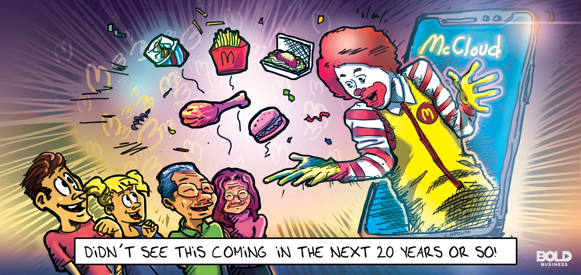 cartoon of Ronald McDonald and various McDonald's meals coming out of a giant smartphone's screen (depicting the company's new business strategy) while a family of four looks in excitement at him