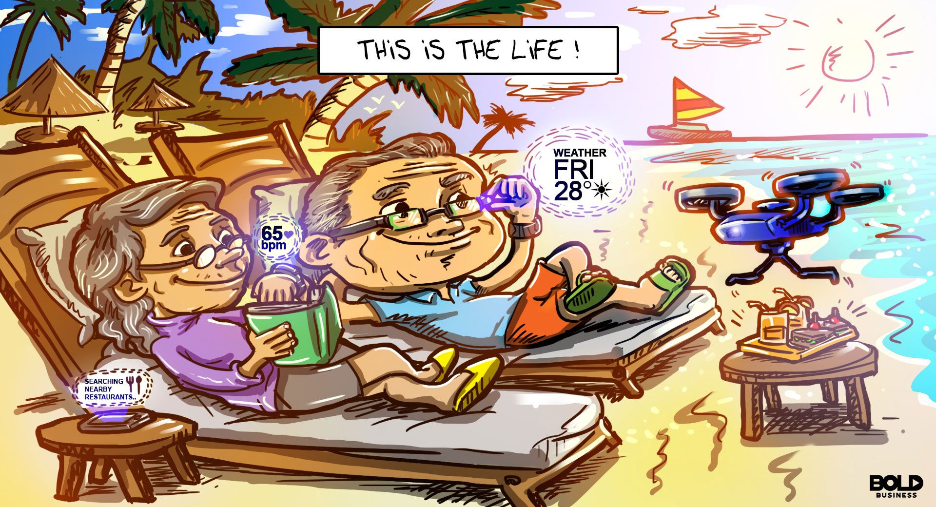 cartoon of two seniors using technology while lounging on beach chairs by the seashore