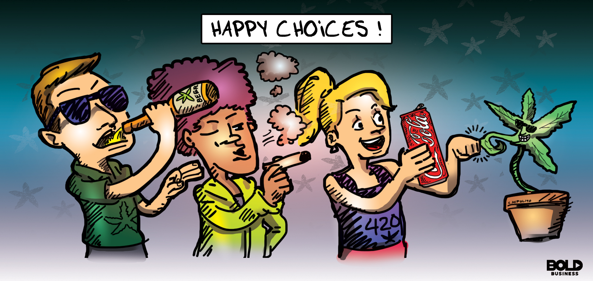 cartoon of a man and two other women using products with cannabis like cannabis-infused beer and coca-cola and marijuana joint