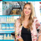 a photo of Jessica Alba sitting in front of a photo of the products of The Honest Company