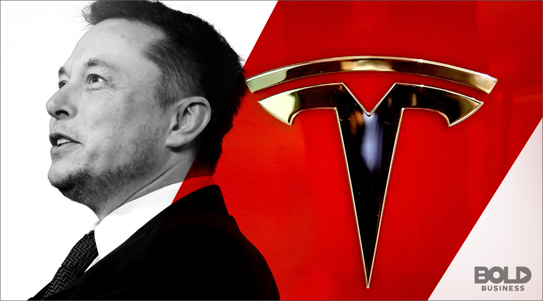 a photo of Elon Musk looking upwards beside a photo of the Tesla logo regarding Tesla board of directors