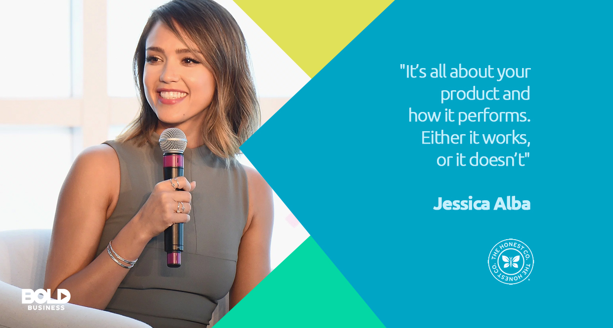 Jessica Alba explaining how company performance is tied to product development and honest company shampoo