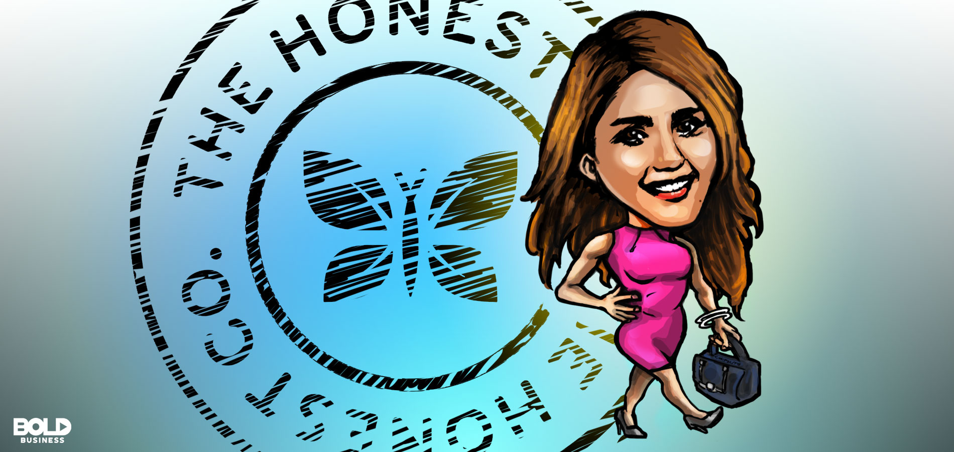 cartoon caricature of Jessica Alba, founder of The Honest Company, posing as the bold leader spotlight of the week