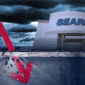 sears building in a dark scenario with a red arrow pointing down