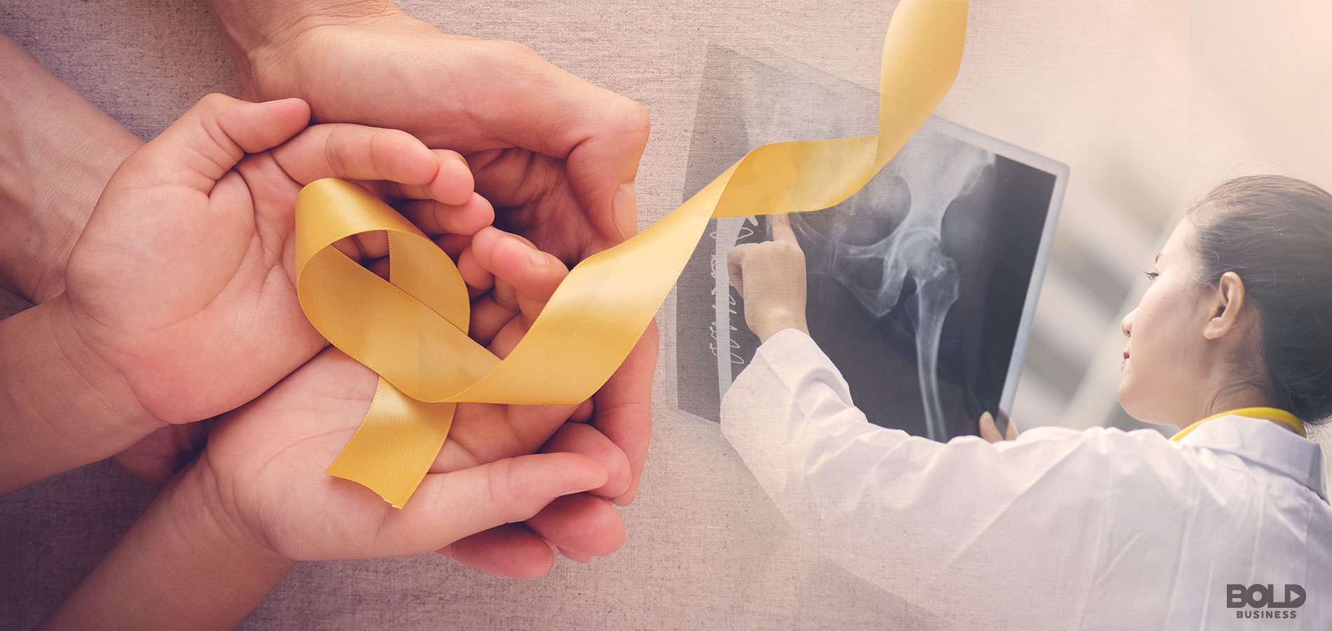 osteosarcoma treatment, hands holding a yellow ribbon with a doctor pointing at an xray result