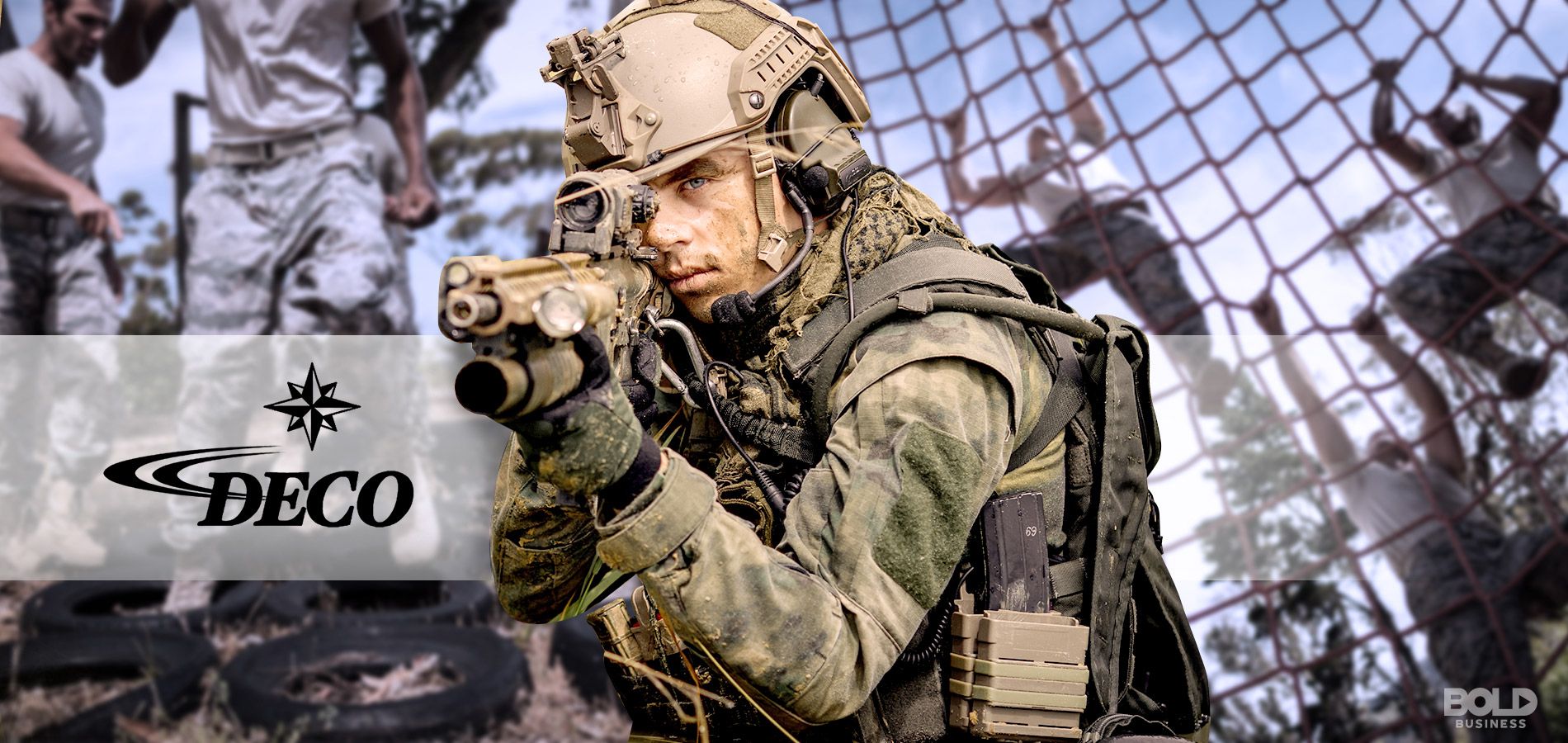 a photo of a soldier pointing a rifle towards something in the distance as he trains under the leaders of DECO Inc.