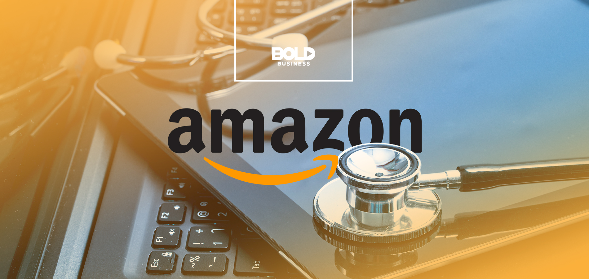 a photo of Amazon's logo beside a stethoscope on top of an ipad and a keyboard amidst talks about an Amazon Healthcare Company