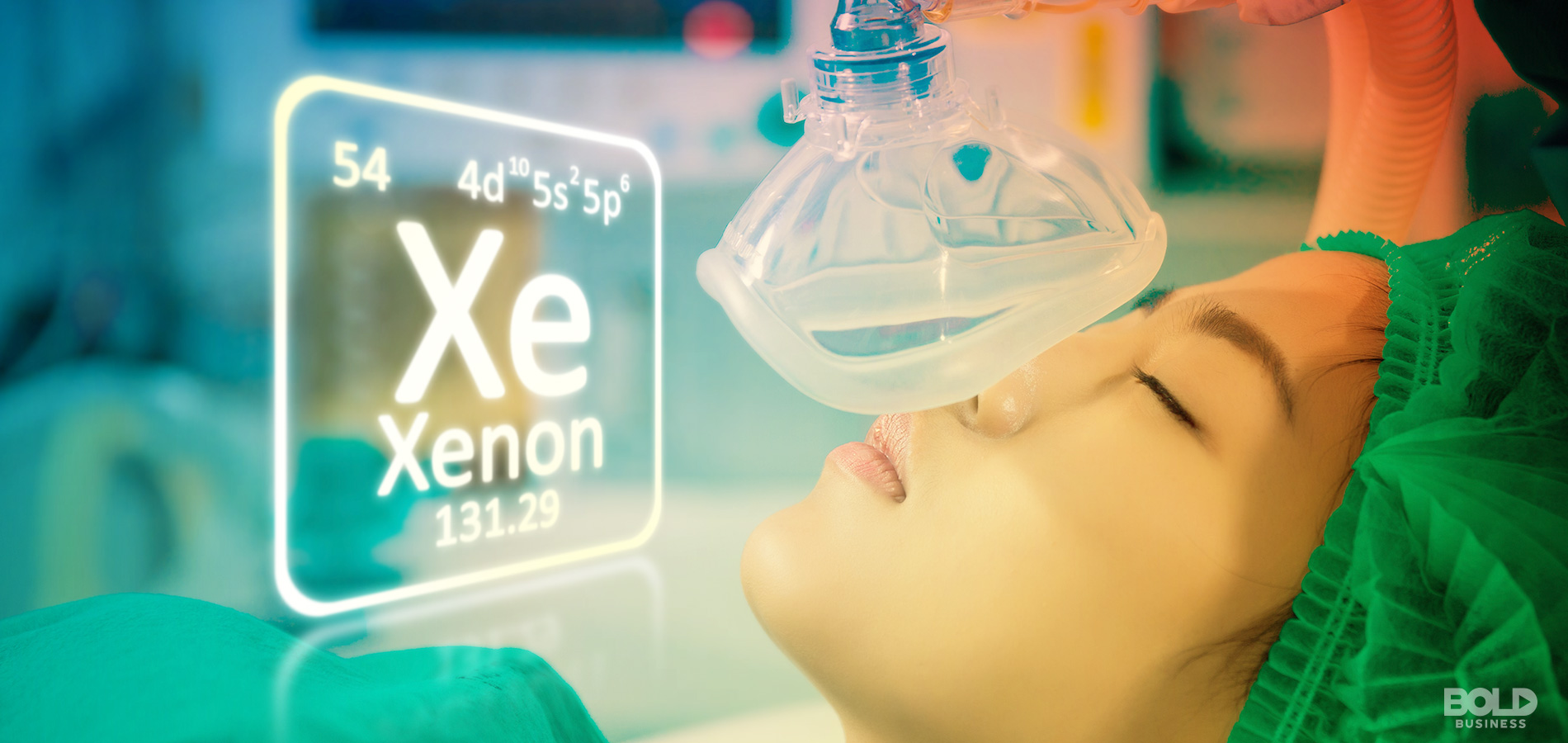 a photo of a post-cardiac arrest patient undergoing xenon gas therapy beside a photo of the chemical properties of the element, xenon
