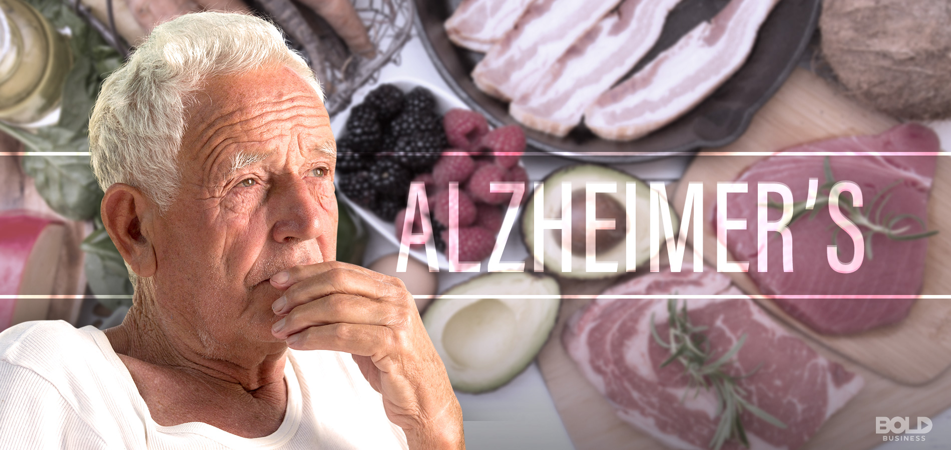 a photo of an elderly man set on a background photo of different kinds of food amid the ongoing talks concerning the risks of Alzheimer's disease