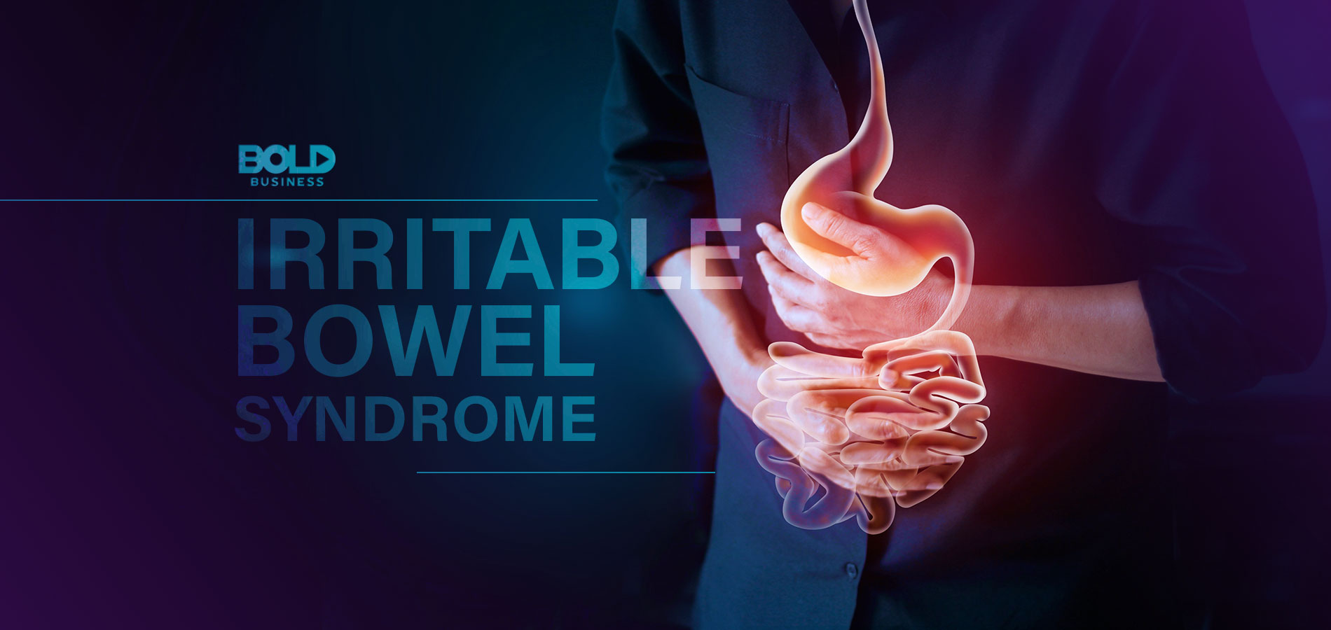 a photo of a stomach x-ray of a man grasping his body in pain while he experiences irritable bowel symptoms