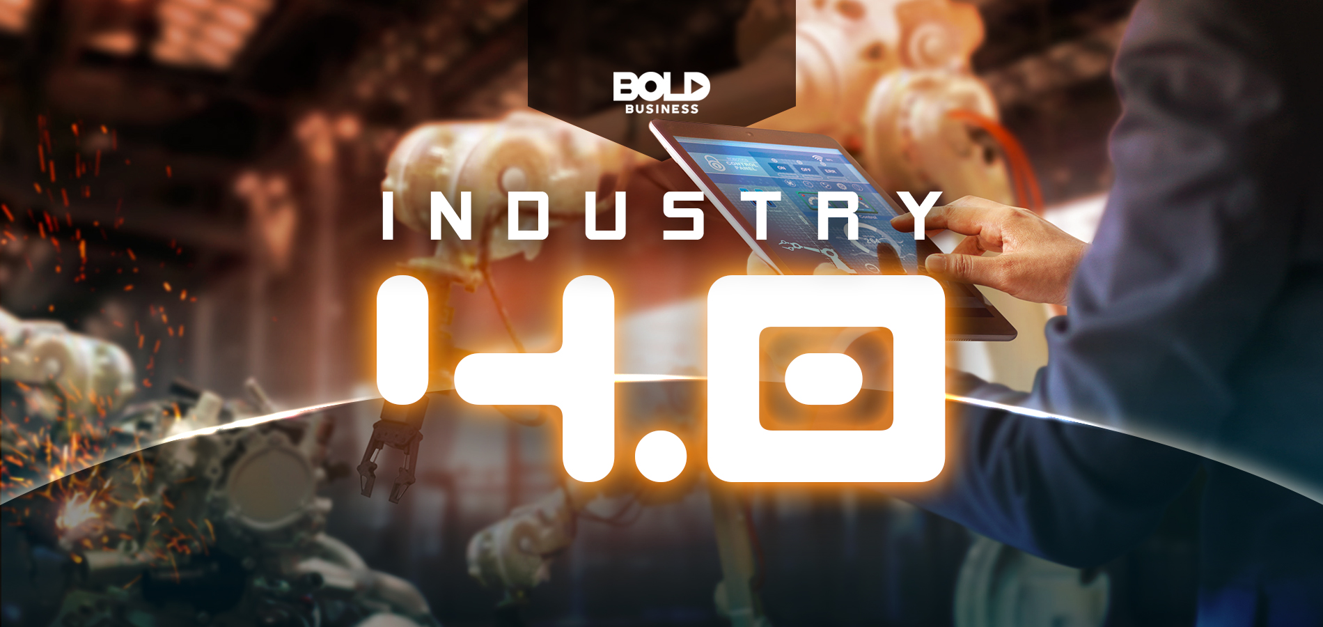 a photo of a man holding up a tablet screen set against a blurred background of a robot building mechanical things with the words "Industry 4.0" to show the reality of the Fourth Industrial Revolution and symbolize the innovations of the industrial revolution