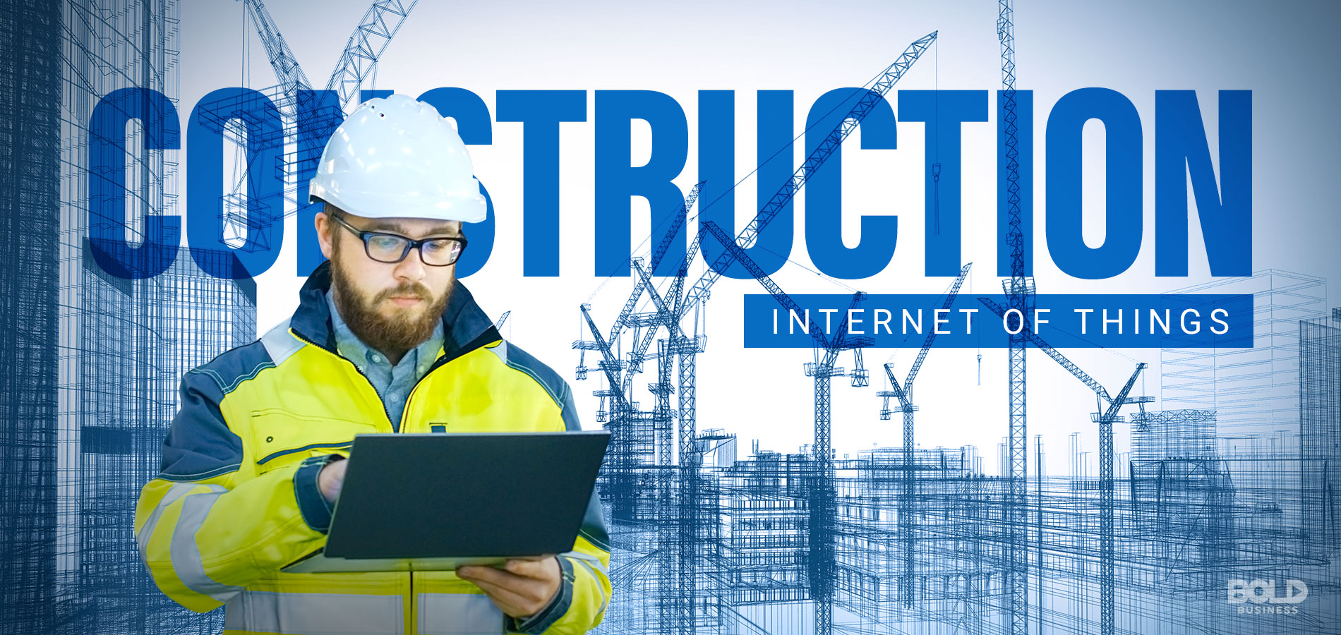 a photo of a construction worker working on his laptop and utilizing IoT in construction as the latest construction technology, showing the many applications on the Internet of Things