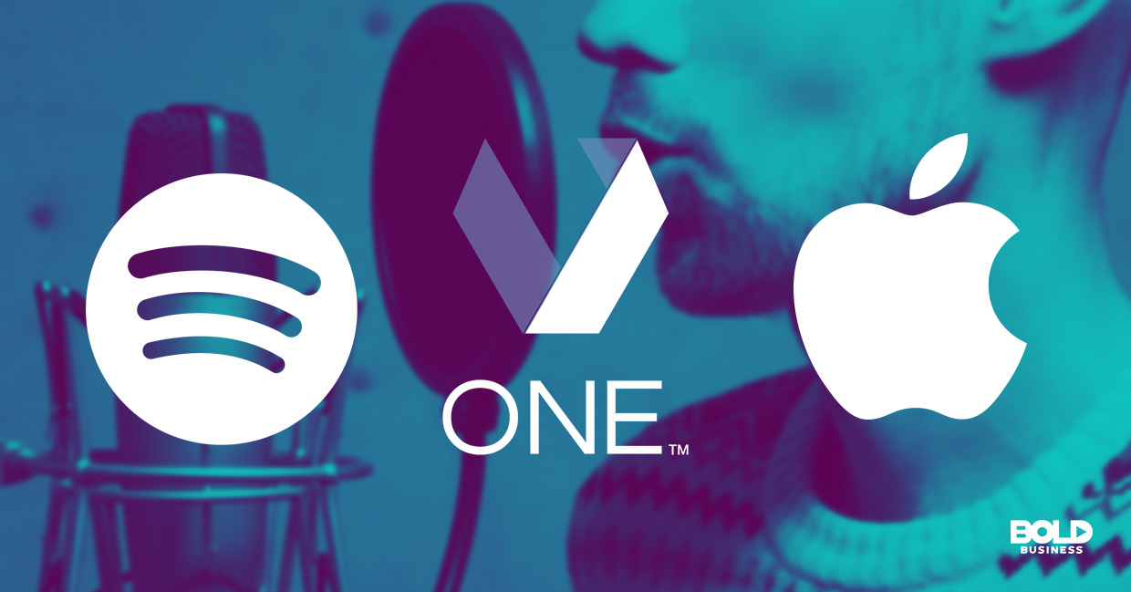 the company logos of Apple, Veritone One and Spotify in relation to the rising trend of companies recognizing the benefits of podcasts and the benefits of podcasting for business a photo of the company logos of Apple, Veritone One and Spotify in relation to the rising trend of companies recognizing the benefits of podcasts and the benefits of podcasting for business