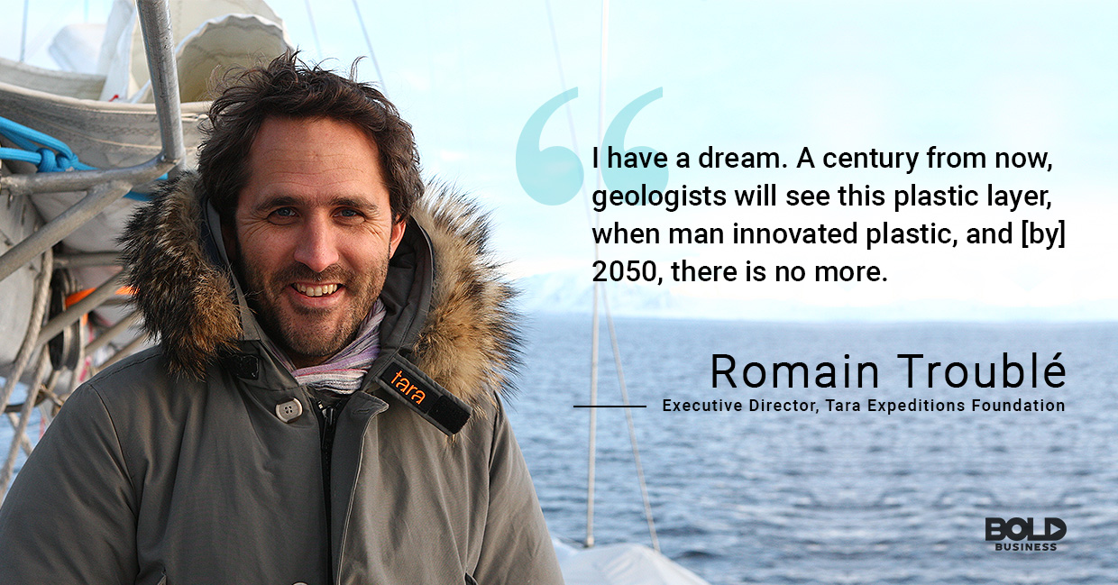 a photo quote of Romain Troublé in relation to the reality of pollution in oceans and seas, as well as ocean benefits to humans
