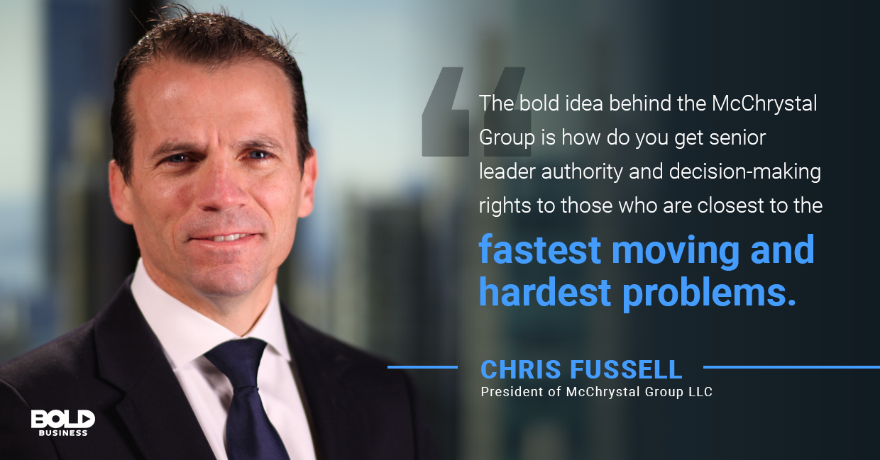 a photo quote of Chris Fussel in relation to the bold impact of the Team of Teams model from The McChrystal Group