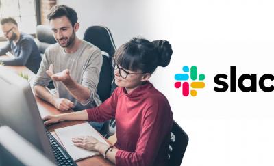 an image with the company logo of Slack Technologies beside a photo of two men and one woman working on their laptops in front of them