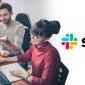an image with the company logo of Slack Technologies beside a photo of two men and one woman working on their laptops in front of them