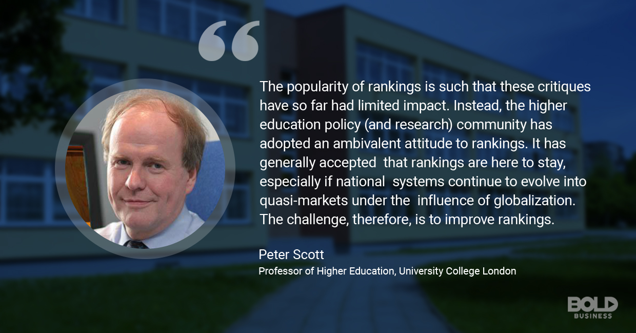 U.S. News and World Report University Rankings is here to stay, according to Peter Scott, Professor of Higher Education at the University College London. U.S. news and world report university rankings, peter scott quoted