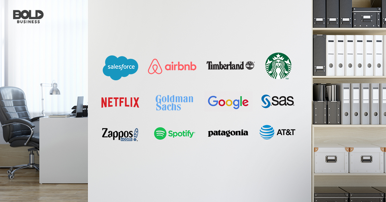 a photo of a white office wall with the different logos of the companies offering the best employee benefits today