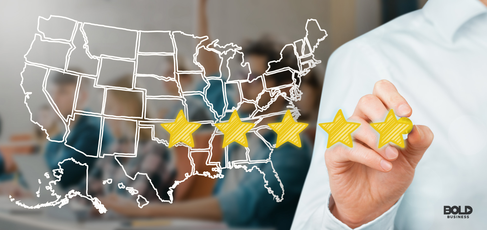 a photo of man's torso in white polo placing five gold stars front and center amid a background of a map in white sketch of the USA, symbolizing Bold Business' list of States ranked by education quality