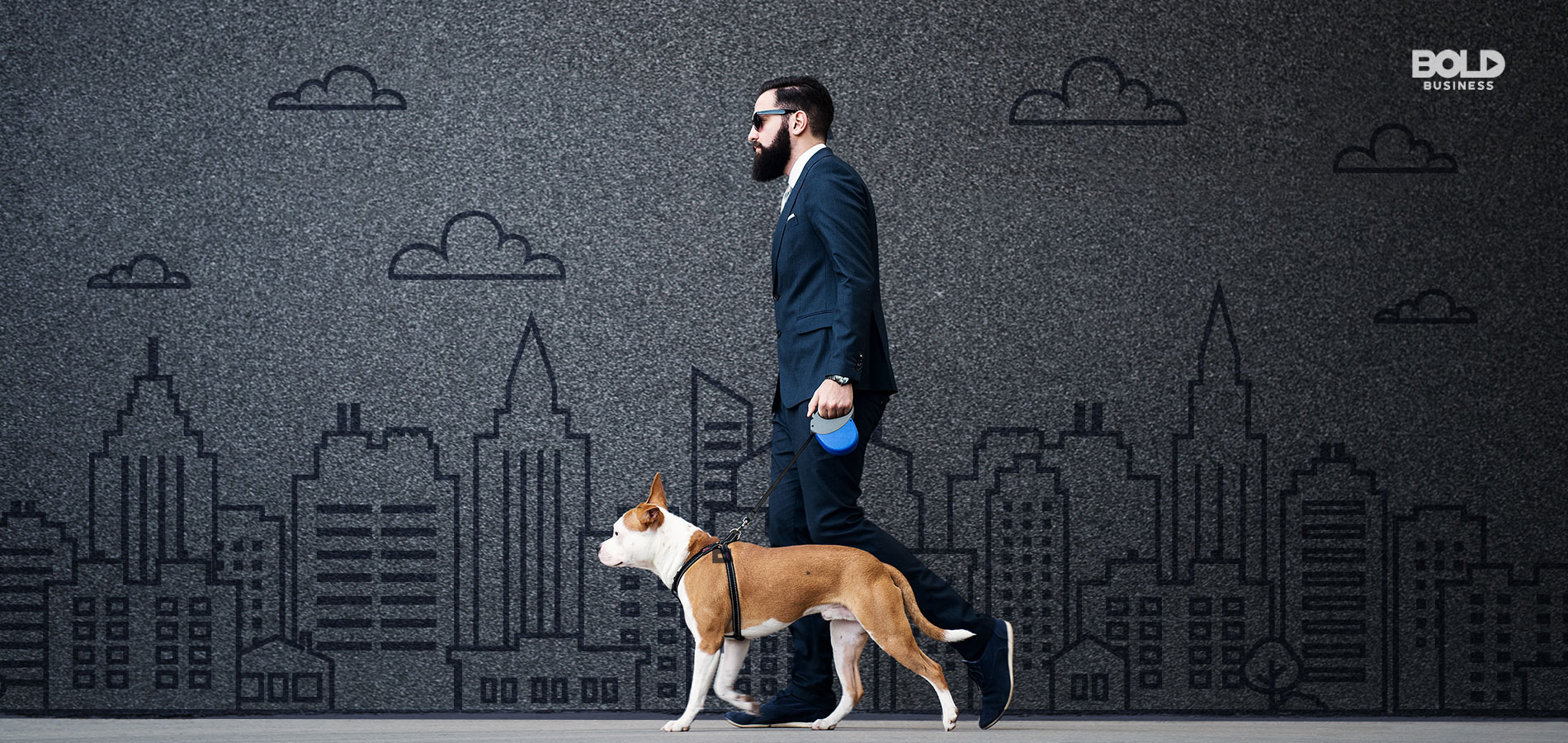 a photo of a man in a business suit walking his dog alongside a wall with a background of an etched city in gray amid the growth of the pet industry