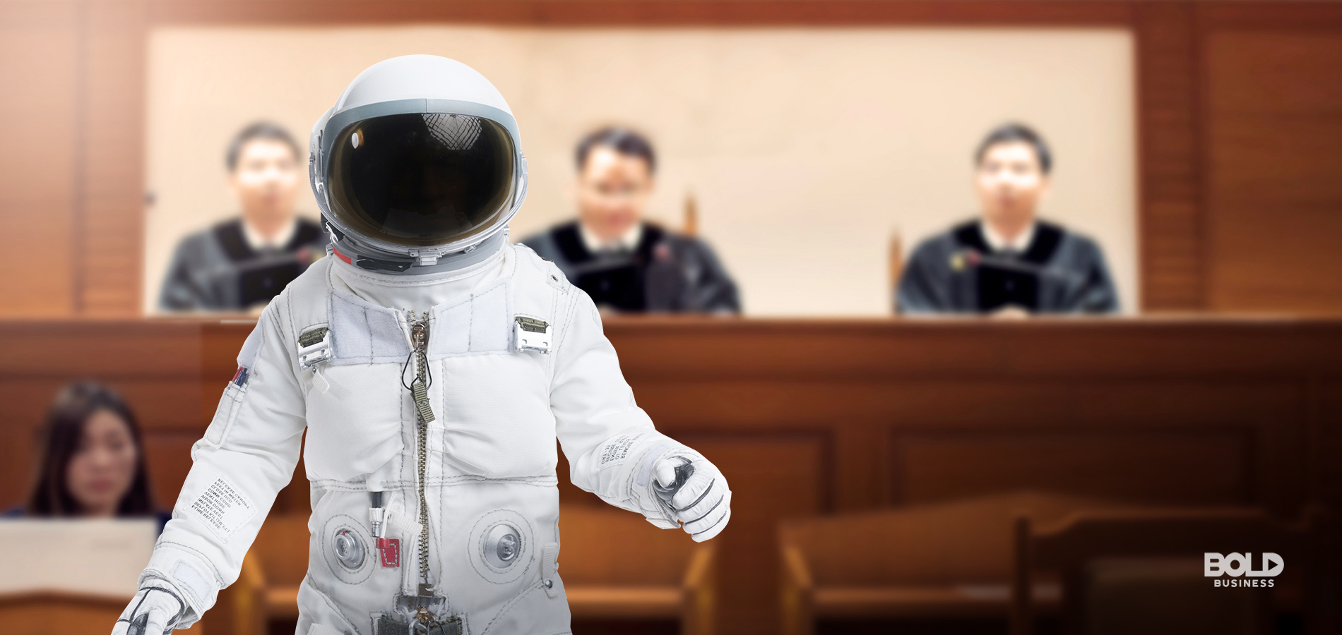 a photo of an astronaut walking away from three judges sitting in front of a courtroom amid the rise of space law cases