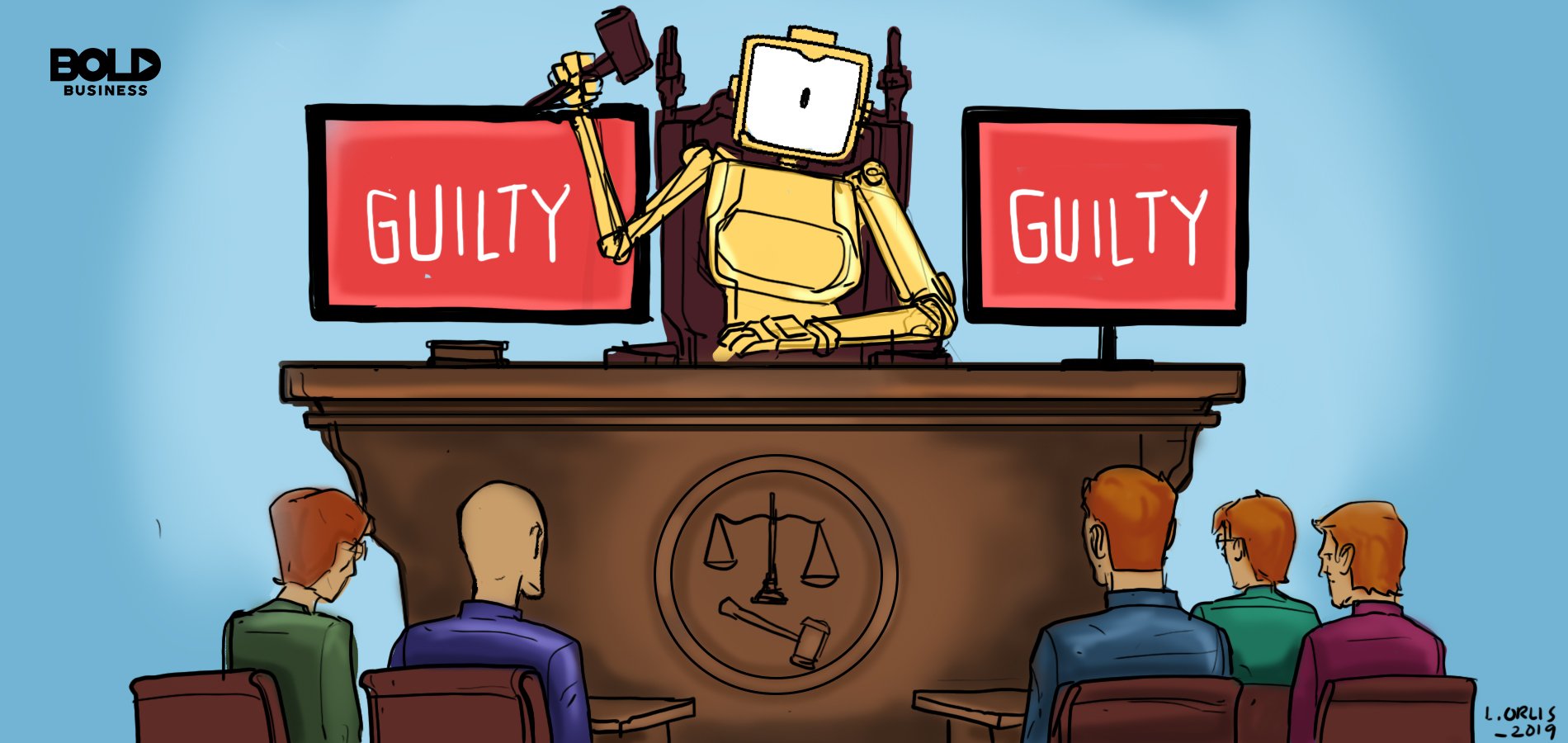 Cartoon of robot serving digital justice.
