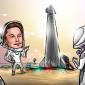 a cartoon of Elon Musk pointing out the SpaceX Starship, reusable orbital rocket, behind him to three astronauts