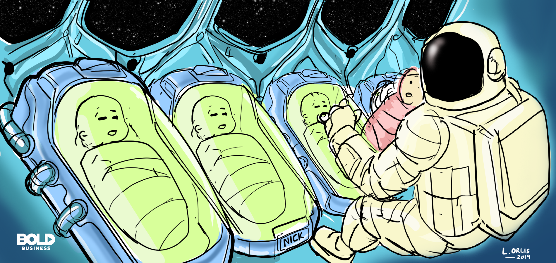 a cartoon of an astronaut taking care of four human babies sleeping in hi-tech tubes inside a rocket ship floating in outer space, in relation to the topic of humans giving birth in space