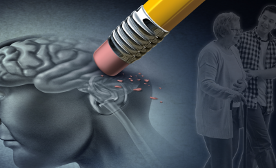 Dementia and walking, a pencil eraser erasing part of the brain