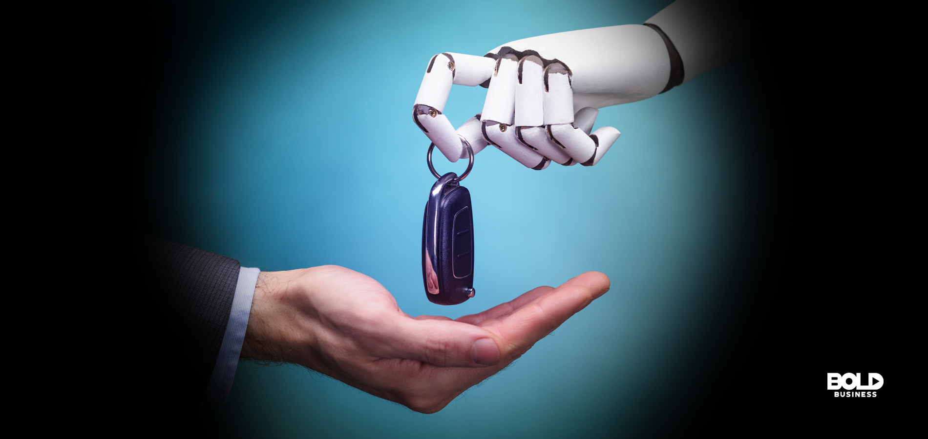 a human hand receiving a car key from a robotic hand, showing an image of progress in automated driving and transportation AI