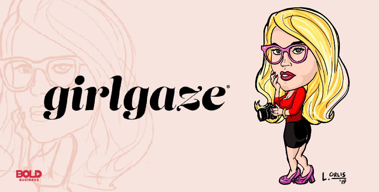 cartoon caricature of Amanda de Cadenet, Founder and CEO of Girlgaze Inc., posing as the bold leader spotlight of the week