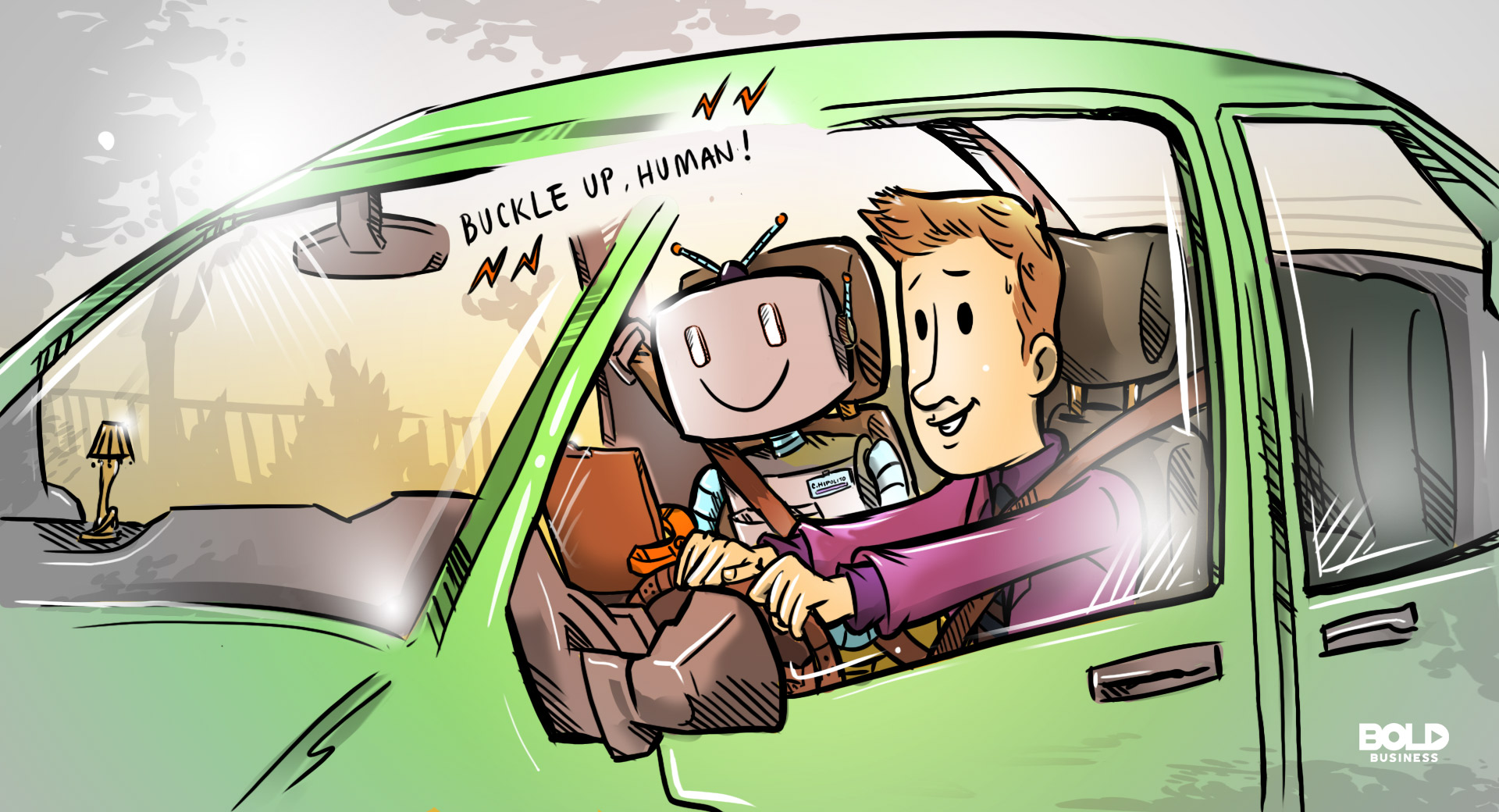 cartoon of a man learning how to drive with a robot beside him giving him an automated driving test