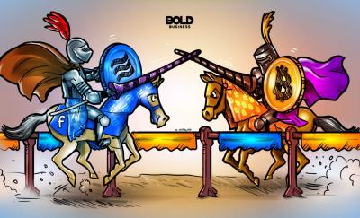 facebook libra coin versus bitcoin in knights joust duel cartoon