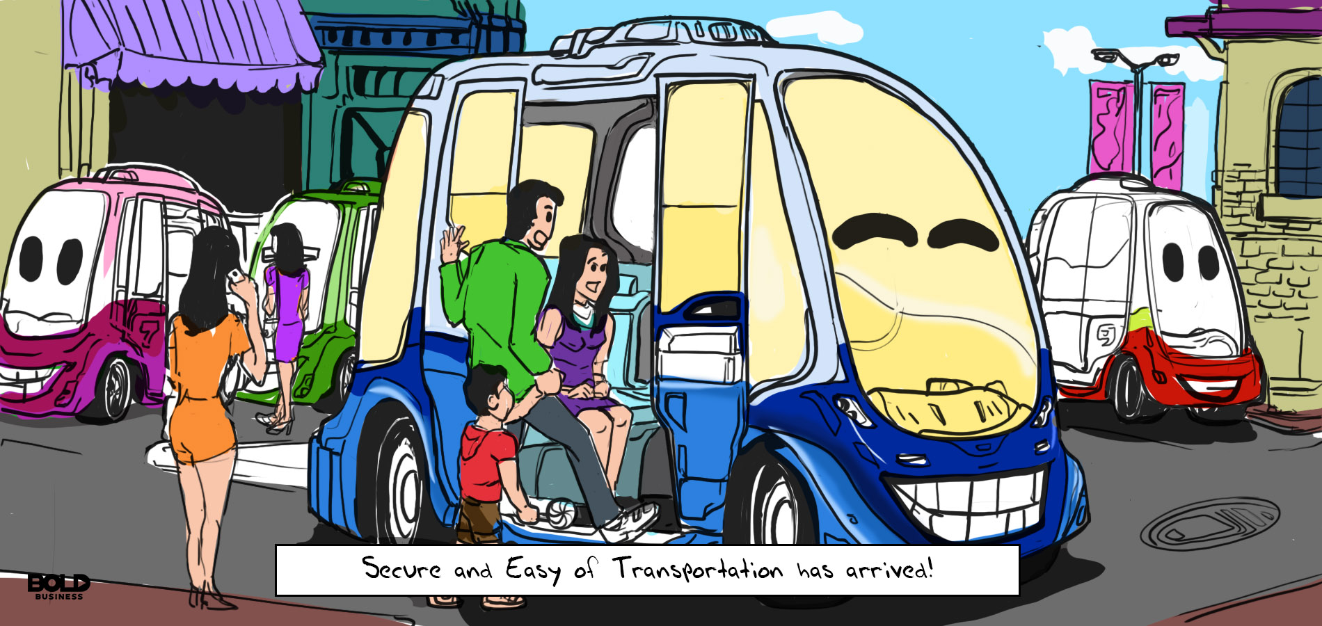 cartoon of commuters boarding on a self-driving public vehicle