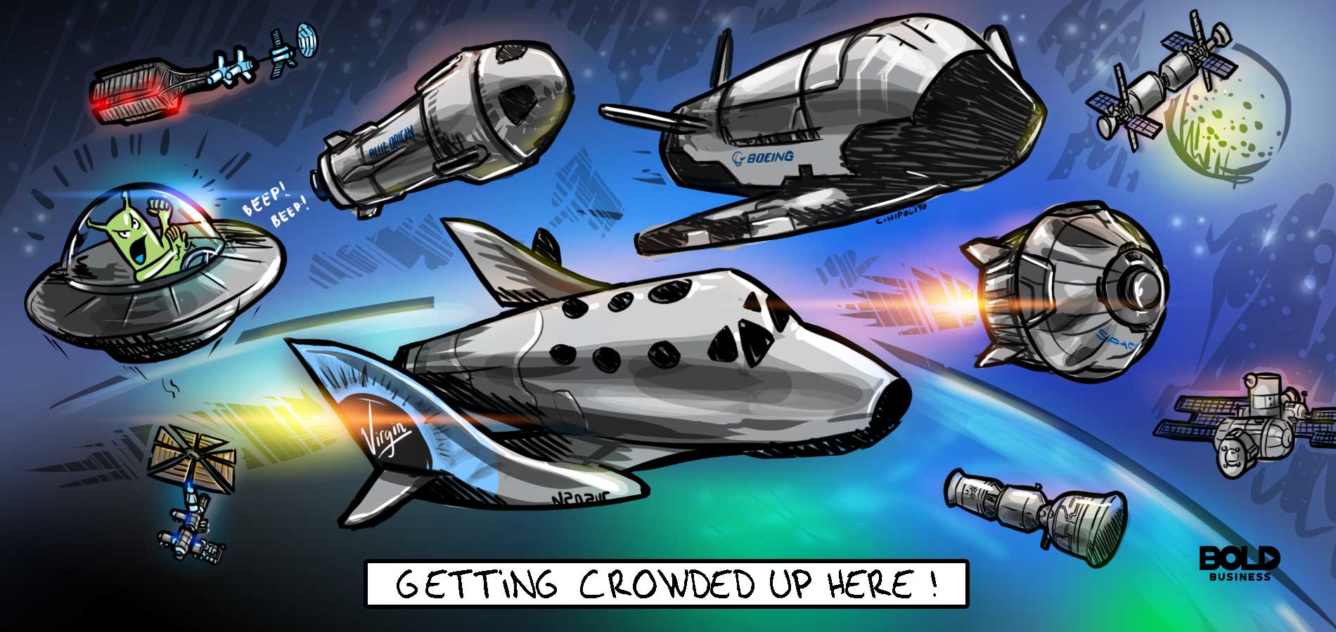 cartoon of spaceships flying across and crowding outer space, depicting the race happening in the space tourism industry