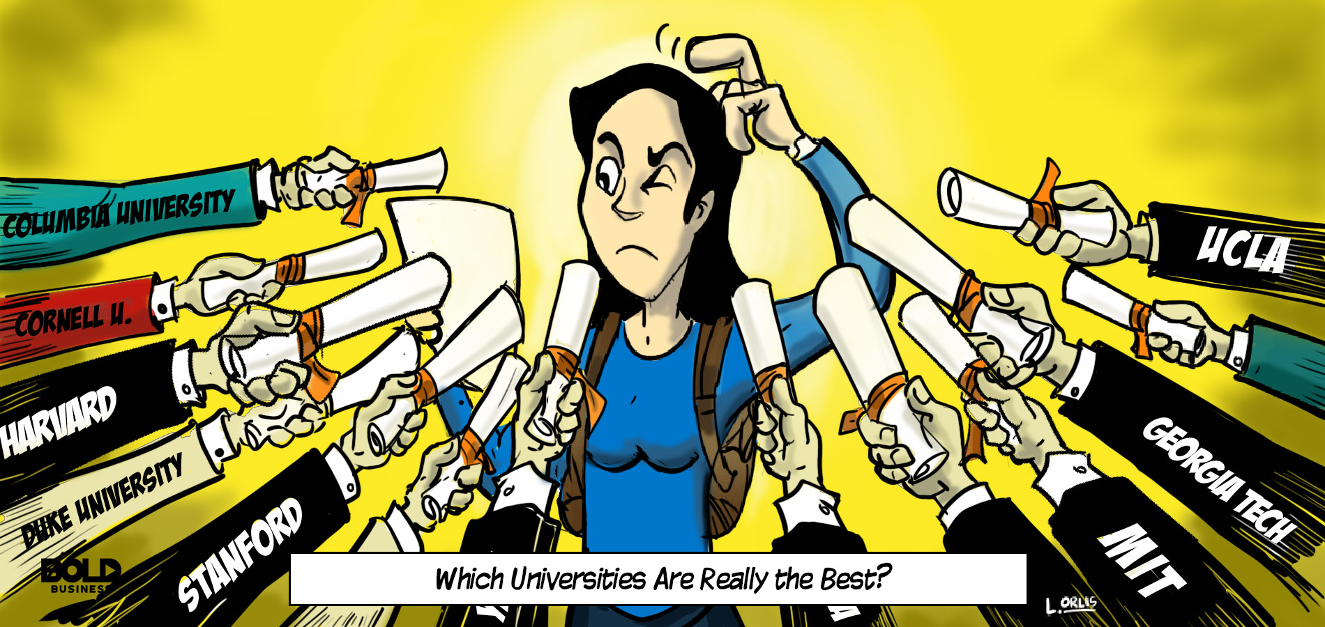cartoon of a student being asked which universities are really the best?