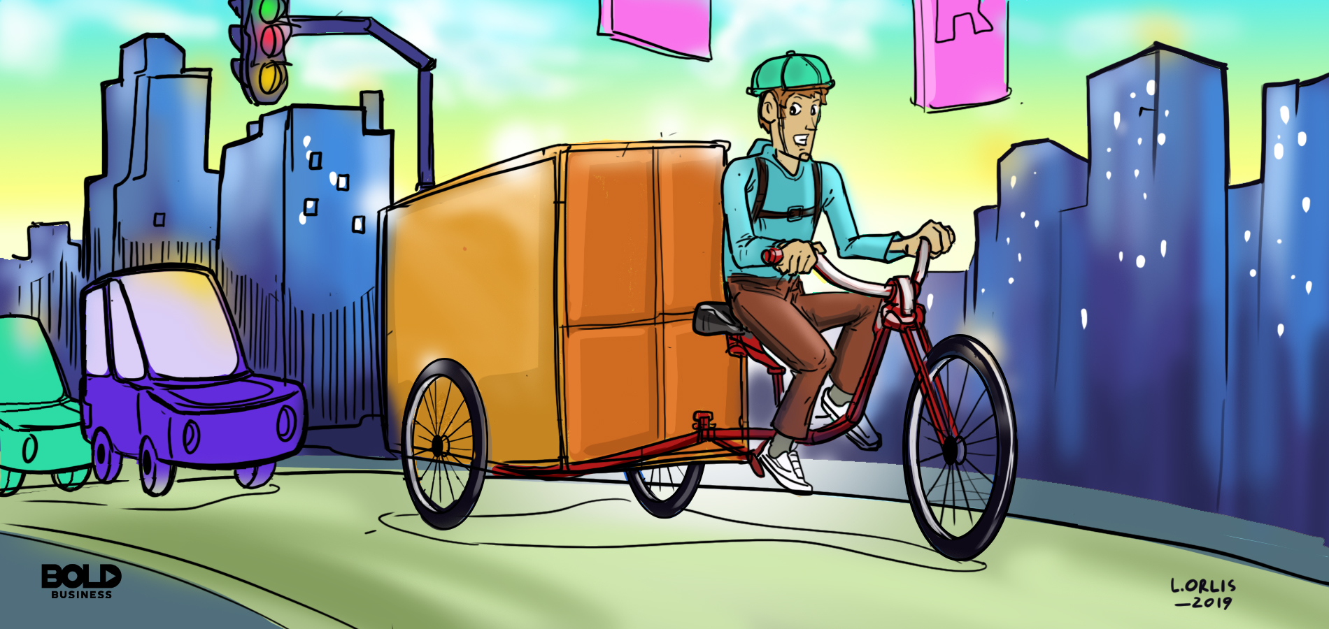 Cargo bikes will help solve traffic jams and pollution. Man driving a cargo bike
